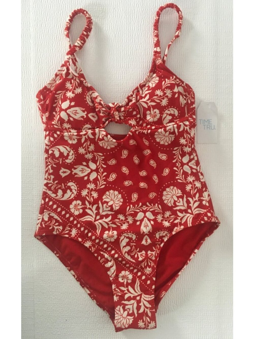 Time and Tru 1 Piece Swimsuit Size XS 0 to 2 Red w White Flowers New w Tags